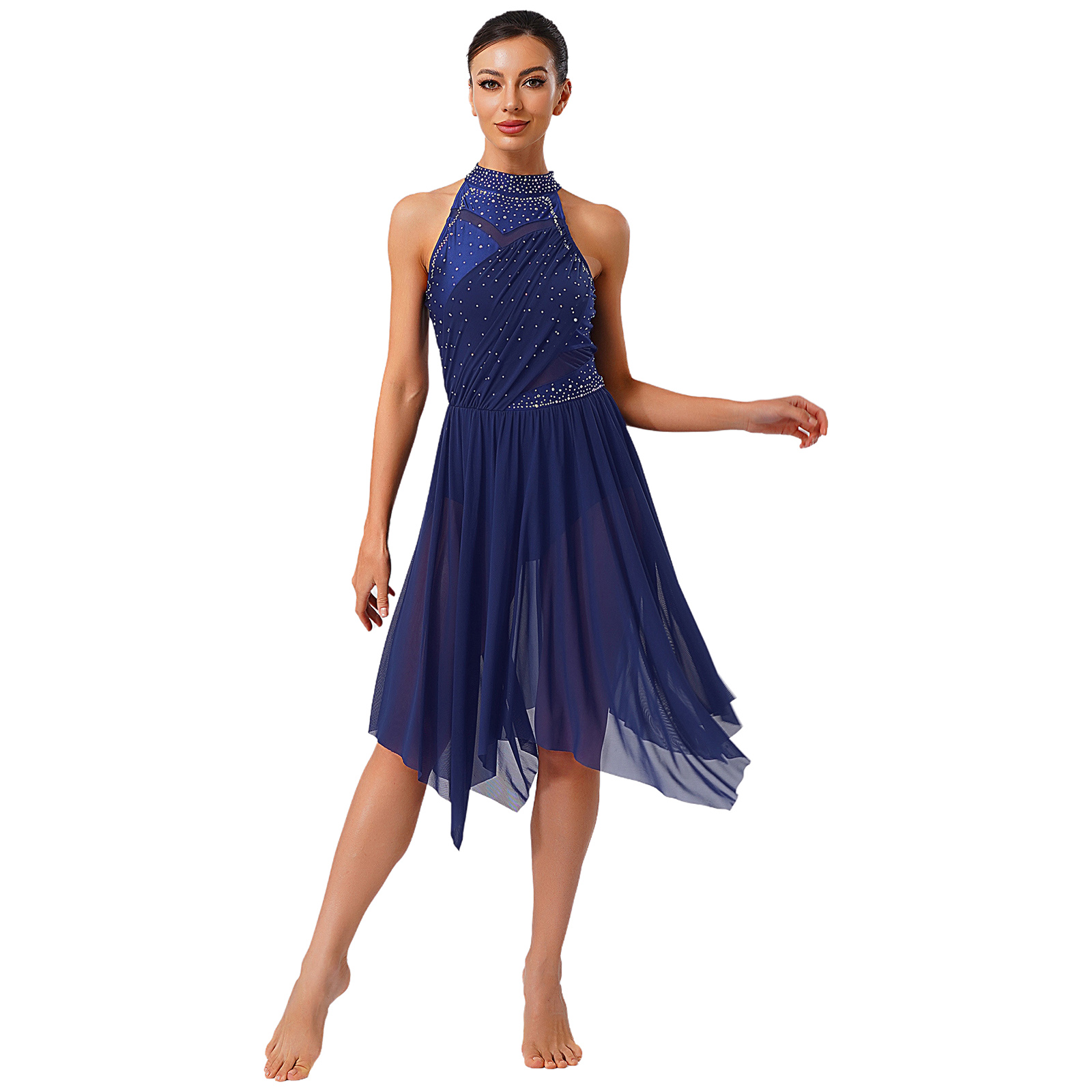 Robe de danse lyrique pour femmes, col licou, strass scintillants, Patchwork, maille irrégulière, ourlet à volants, pour compétition de cours de danse