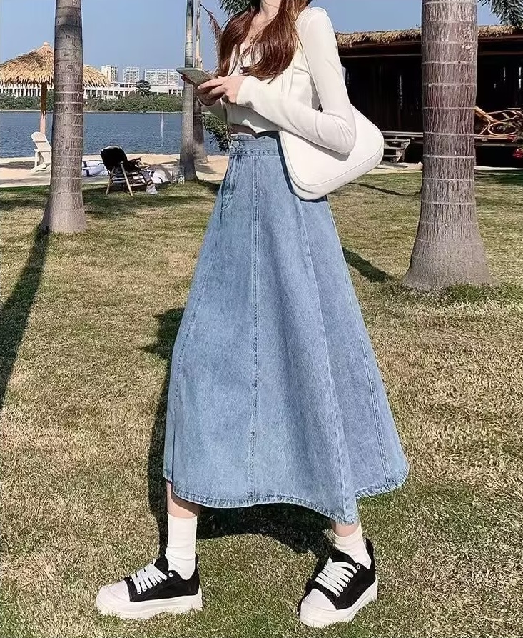 Jupe midi en jean pour femme, style coréen, taille haute, coupe trapèze, taille élastique, en denim délavé vintage, décontractée, longue