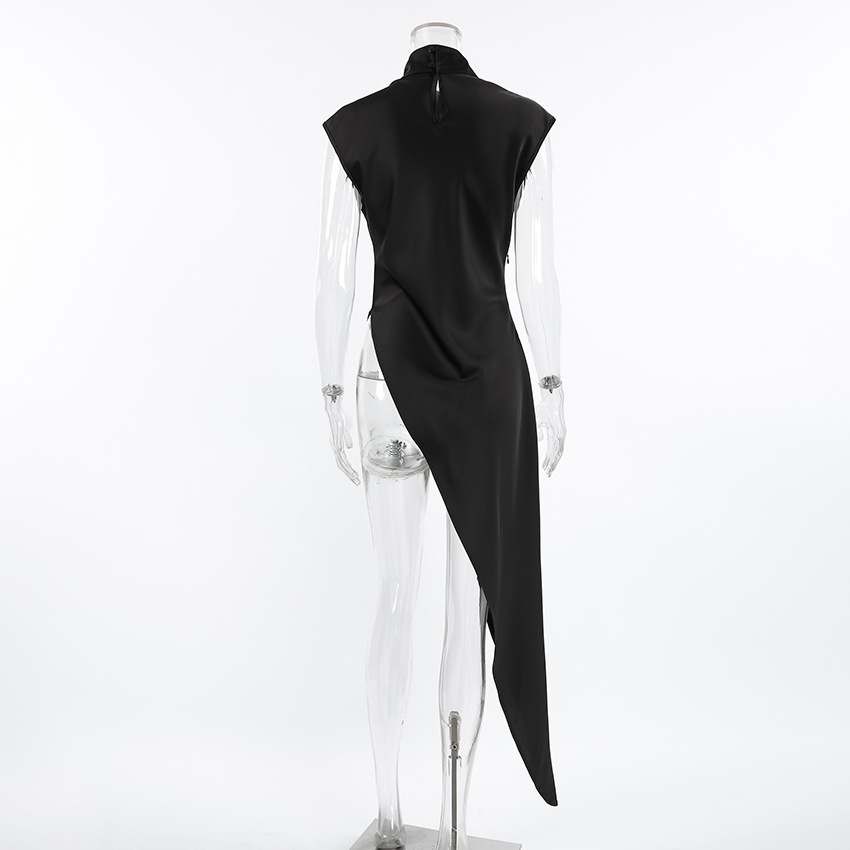 BKLD été Satin ample col roulé sans manches robe noire mode asymétrique tenue décontractée fête Clubwear vêtements pour les femmes