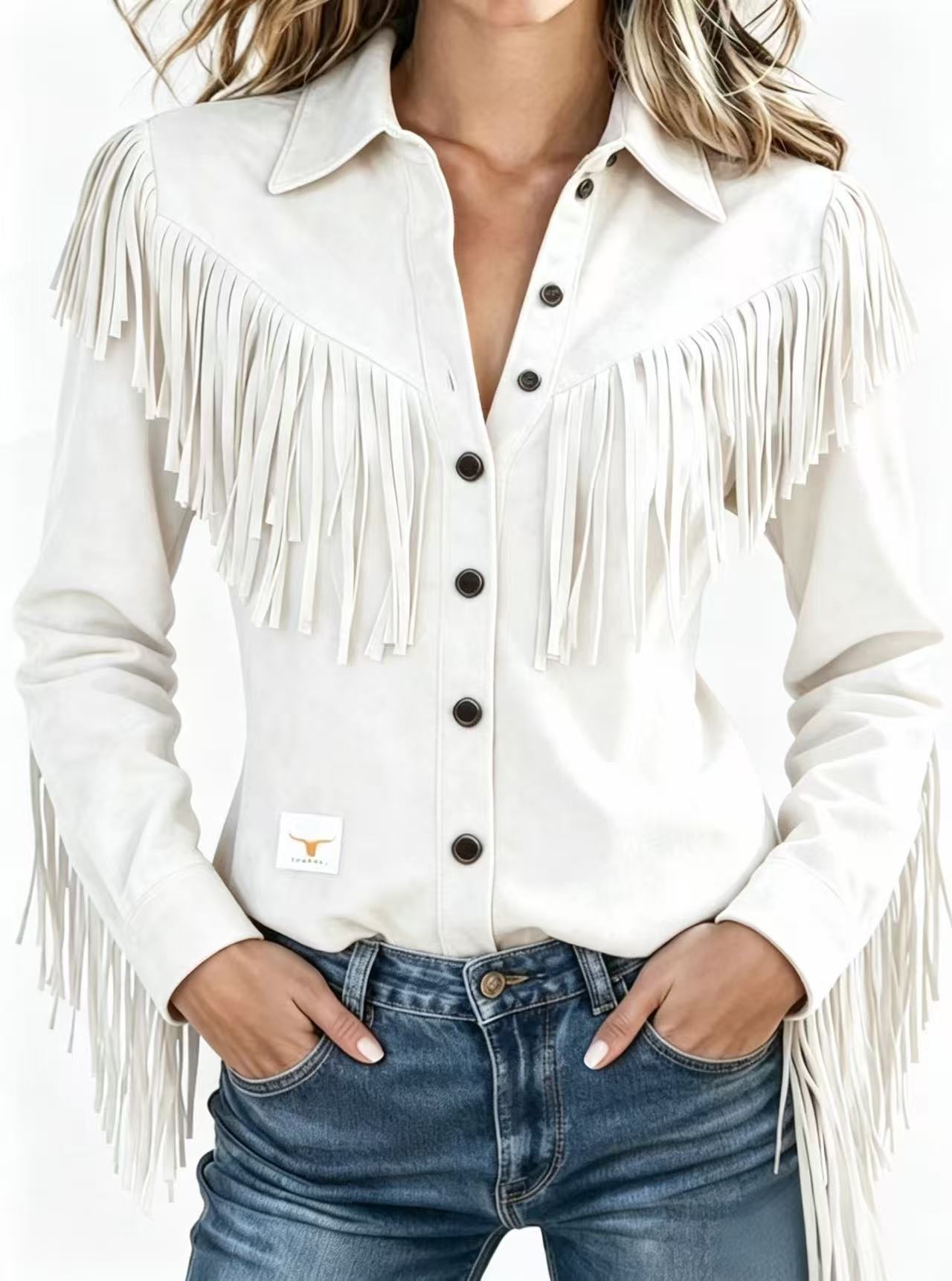 Veste Courte Femme à Col Chemise et Pompons, Manches Longues, Style Western Rétro, Simple Boutonnage, Printemps Automne, Streetwear