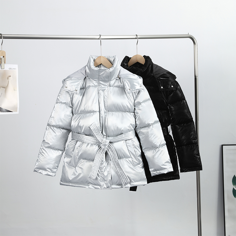 Doudoune brillante et élégante pour femme, à capuche, ceinture définie, poches épaisses, manteaux à manches longues, veste d'hiver pour femme