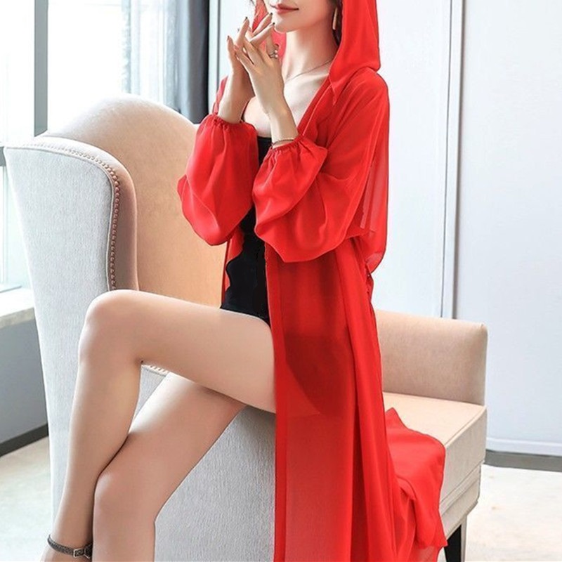 Vêtements de Protection solaire d'été pour femmes, Cardigan à capuche, chemises de Protection solaire en mousseline de soie, manteau Long pour dames, châle d'extérieur