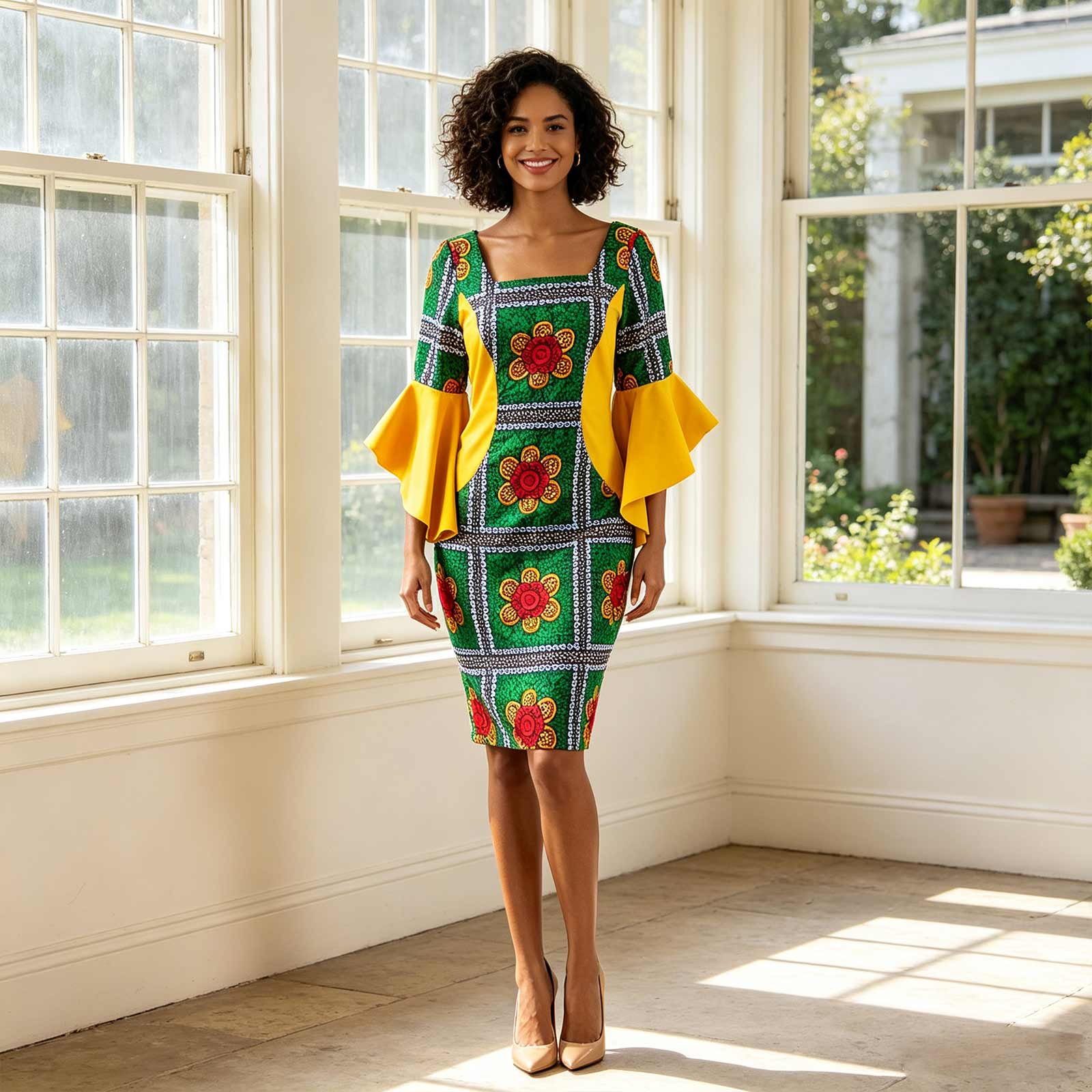 Robe moulante pour femme à manches évasées, col bateau, imprimé Ankara, style décontracté, vintage, formel, tenue africaine, en tissu Wax et Bazin Riche A2225013