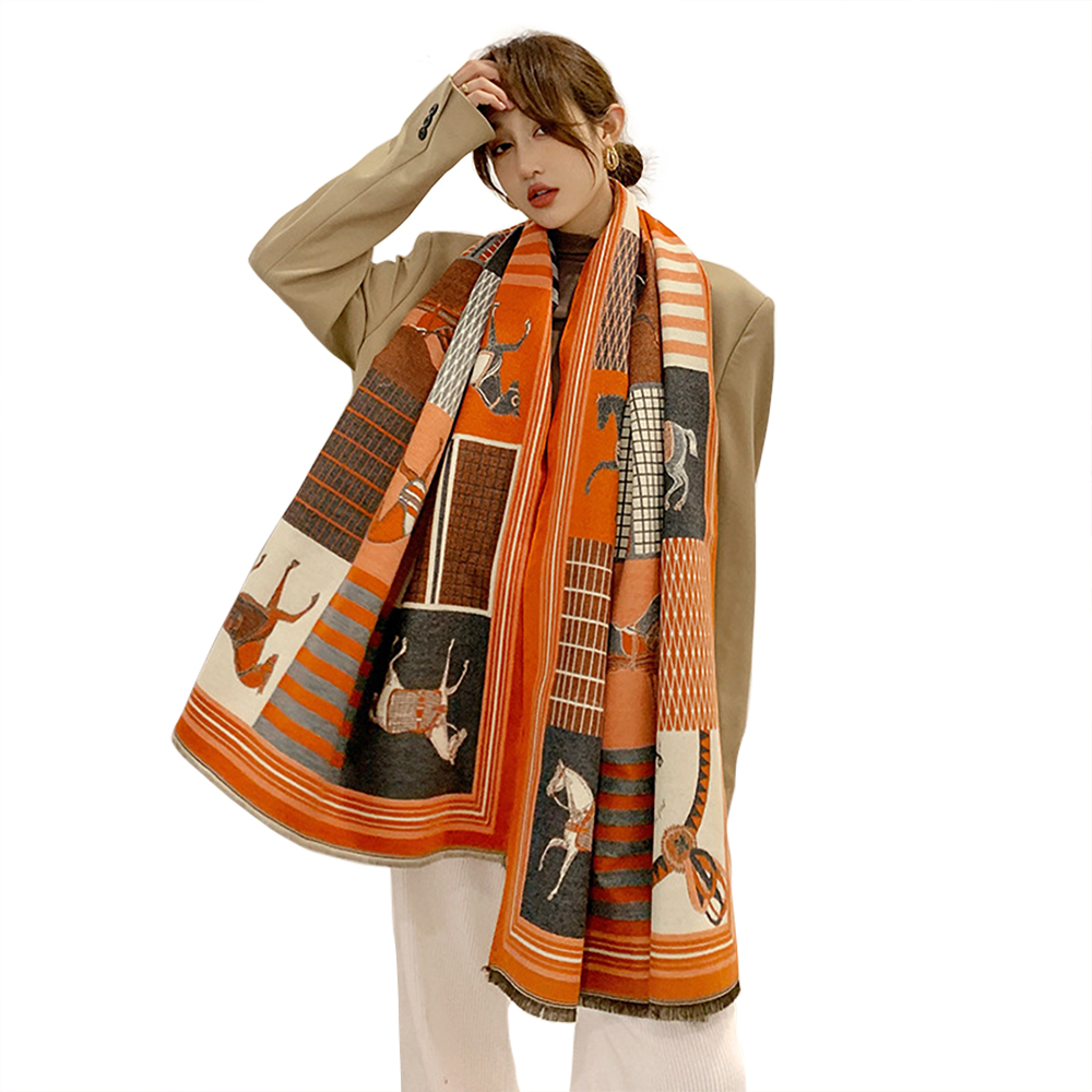 Écharpe à motif cheval pour femmes, nouvelle sensation de cachemire de luxe, grande couverture enveloppante, douce et chaude, châle de marque rétro et classique, automne et hiver