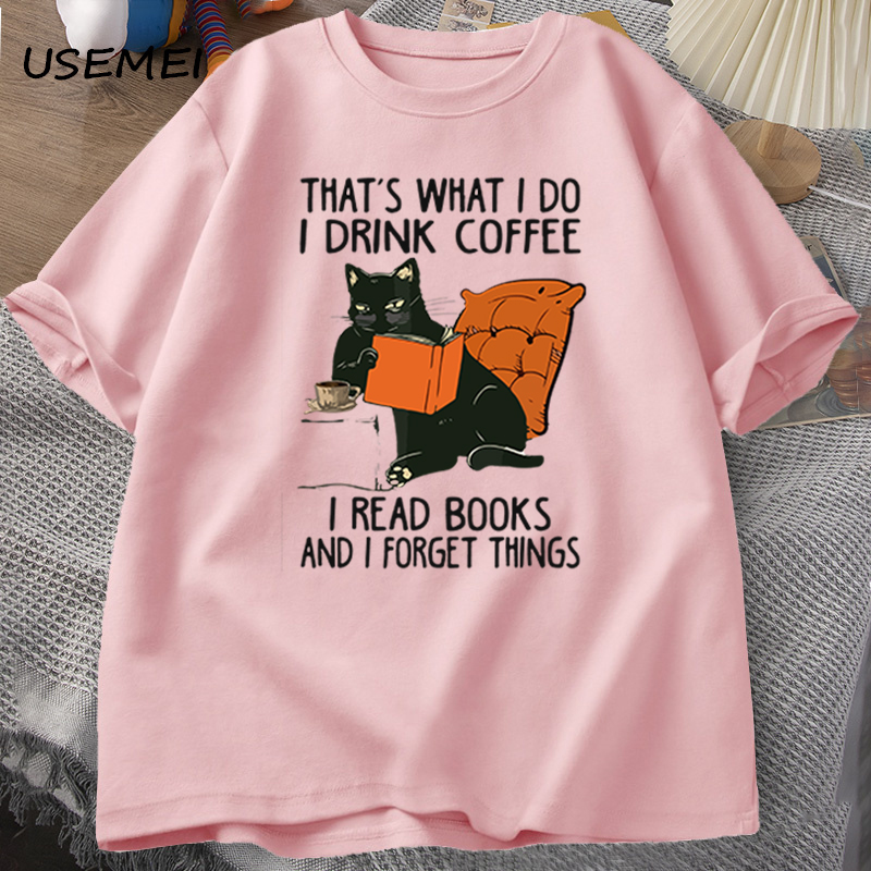 T-shirt chat mignon pour femmes et hommes, Économie College de café de nettoyage, coton de créateur drôle, vêtements masculins confortables