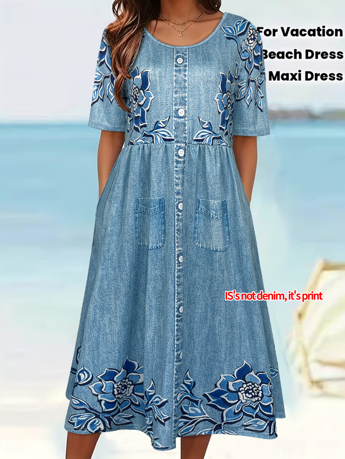Robe midi en faux denim à imprimé floral pour femme, robe d'été décontractée à imprimé, boutonnée sur le devant, avec poche, manches courtes, style bohème