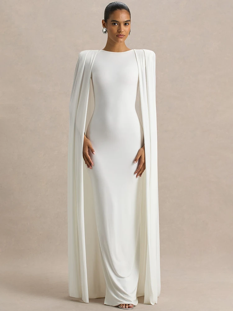 Cape manches Sexy robe Maxi femmes robe élégante mode fermeture éclair col rond taille haute fendu Club fête longues robes femme