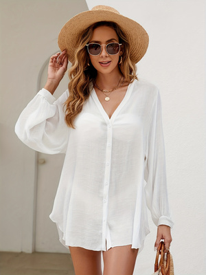 Robe de plage blanche texturée à manches longues pour femme, col en V, boutonnée, manches ballon, ourlet asymétrique, style chemise