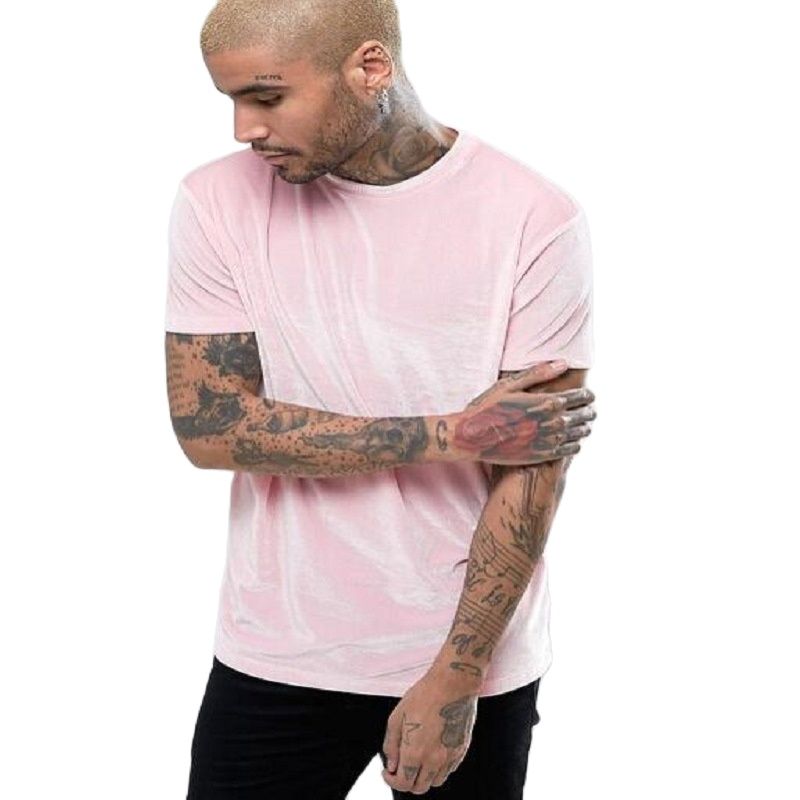 T-shirt à manches courtes en velours pour hommes, mode coréenne, rose, jaune, noir, streetwear, hip hop, vintage, velours, t-shirts