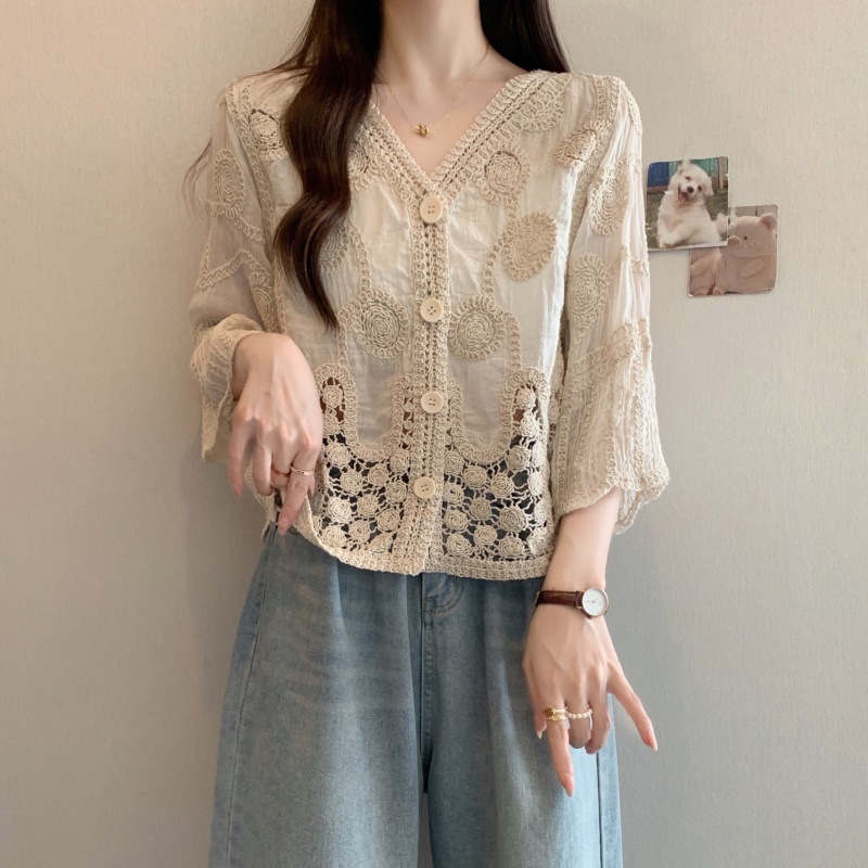 Chemise Cardigan à Boutons Simple, Style Coréen, Tops pour Femmes, Printemps-Été 2026, Fleur à Crochets, Dentelle Ajourée