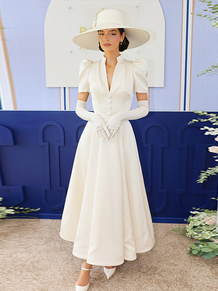 Robe longue élégante en satin pour femmes, manches courtes bouffantes, col en V, décorations de boutons, taille haute, plissée, robe de soirée pour invitées de mariage 2026
