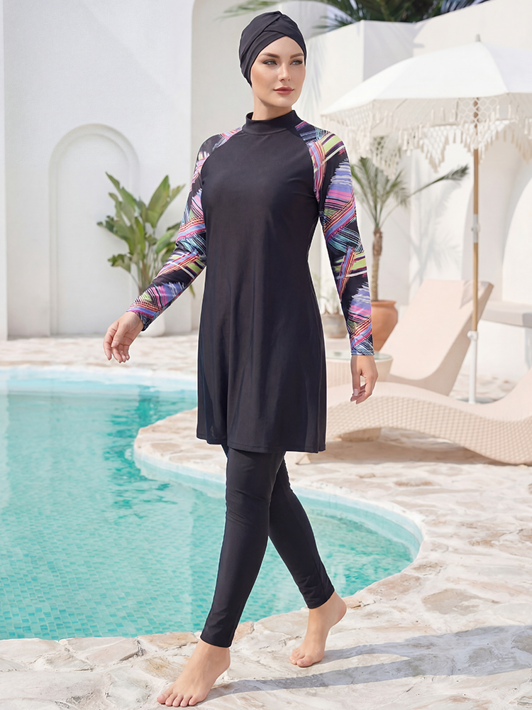 Ensemble de 3 pièces : Burkini élégant et digne, maillot de bain à manches longues imprimé, maillot de bain musulman à manches longues pour femme, tenue de plage
