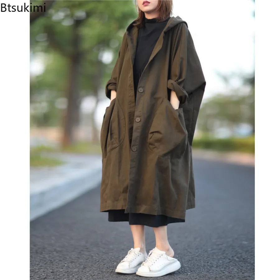 Manteau à capuche style coréen tendance 2026 pour femme, coupe ample décontractée avec grandes poches, trench-coat rétro mi-long pour femme, coupe oversize