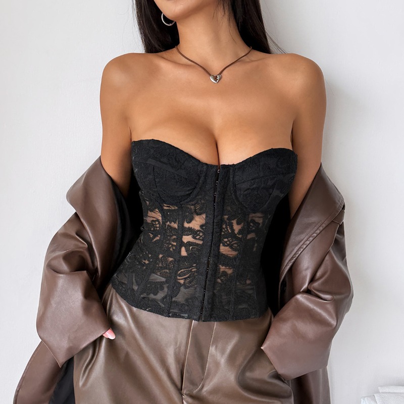 Mode dentelle arête de poisson gilet femmes sans bretelles sans manches dos nu coupe ajustée solide bustier tubulaire été mode femmes rue réservoirs à la mode