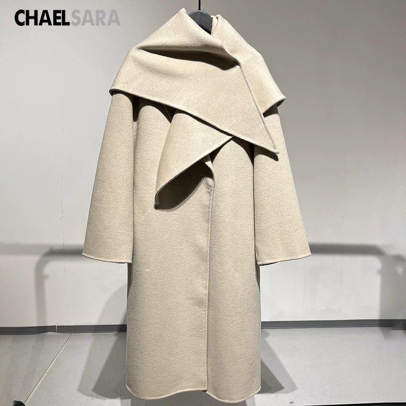 Manteau long en laine mélangée pour femmes, automne-hiver, élégant, col châle, coupe ample, vêtement d'extérieur chaud.