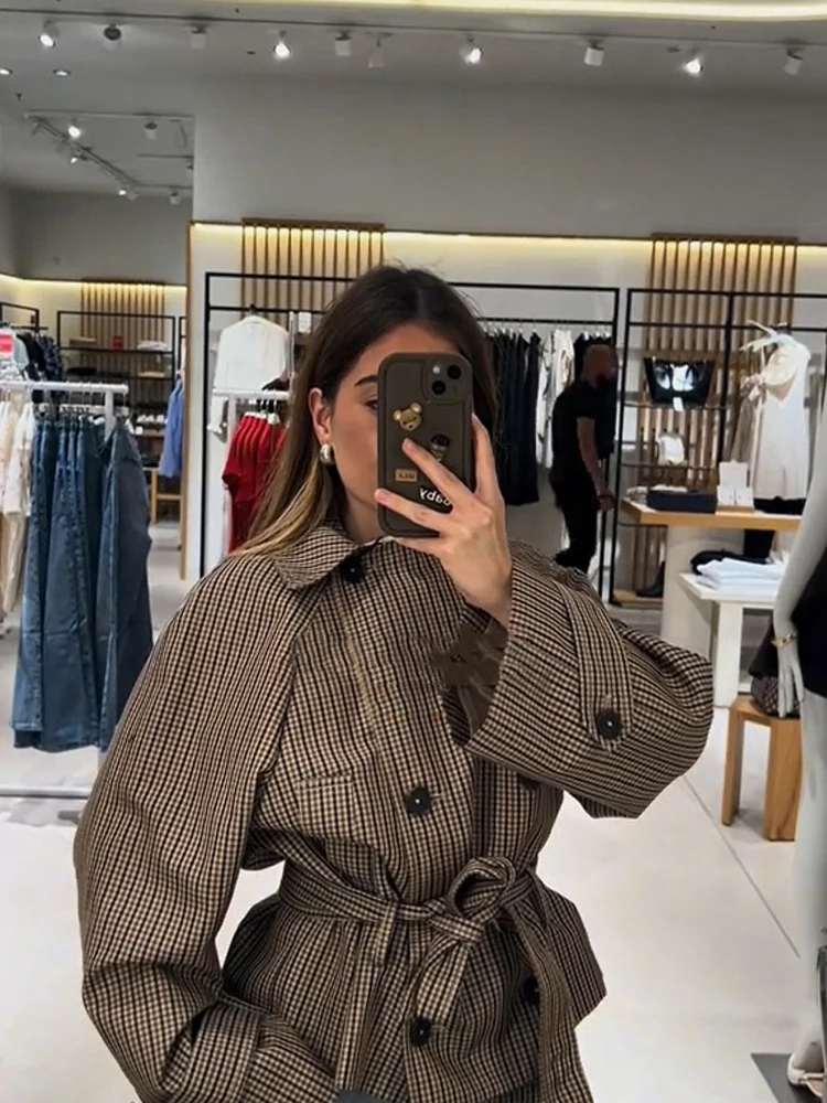 Manteau court à carreaux pour femmes, à col à revers, double boutonnage, ceinturé à la taille, manches longues, coupe ample, veste courte à carreaux, manteaux d'automne pour femmes.