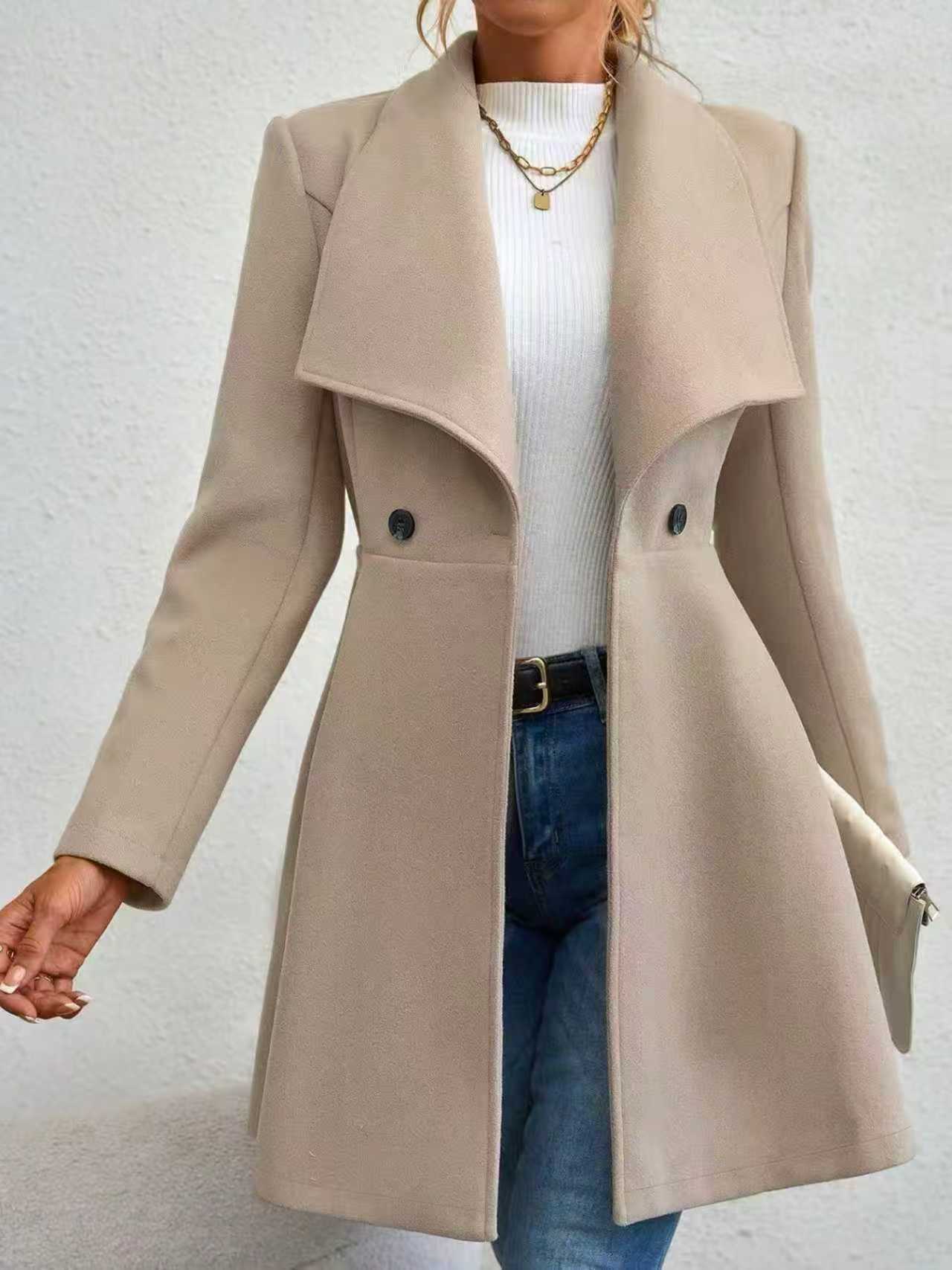 Manteau en laine jaune élégant pour femme, automne-hiver, col à revers, double boutonnage, coupe ajustée, longueur mi-longue, décontracté, manches longues, vêtement d'extérieur F