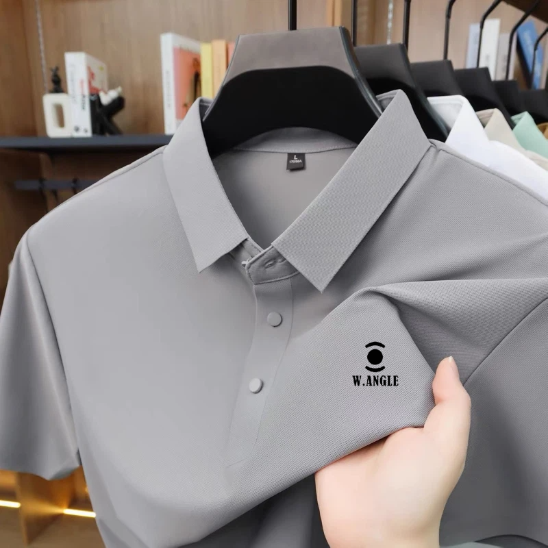 Polo en soie glacée de haute qualité à manches courtes pour homme – T-shirt décontracté uni, confortable et respirant pour l'été – Marque de mode