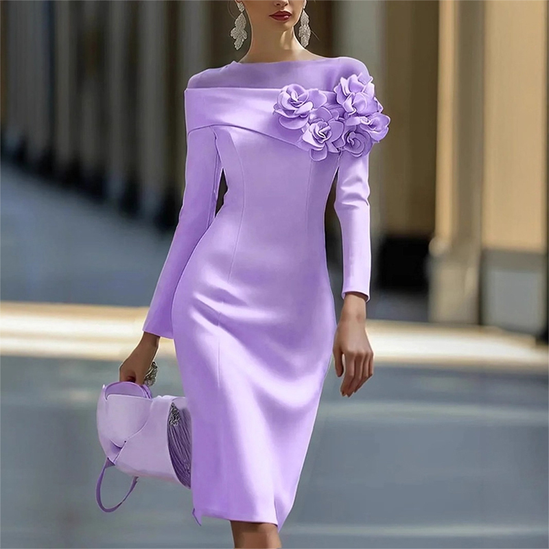 Femmes élégantes 3D Floral col rond robe formelle automne printemps solide mince moulante hanches robe à manches longues robes de soirée au genou