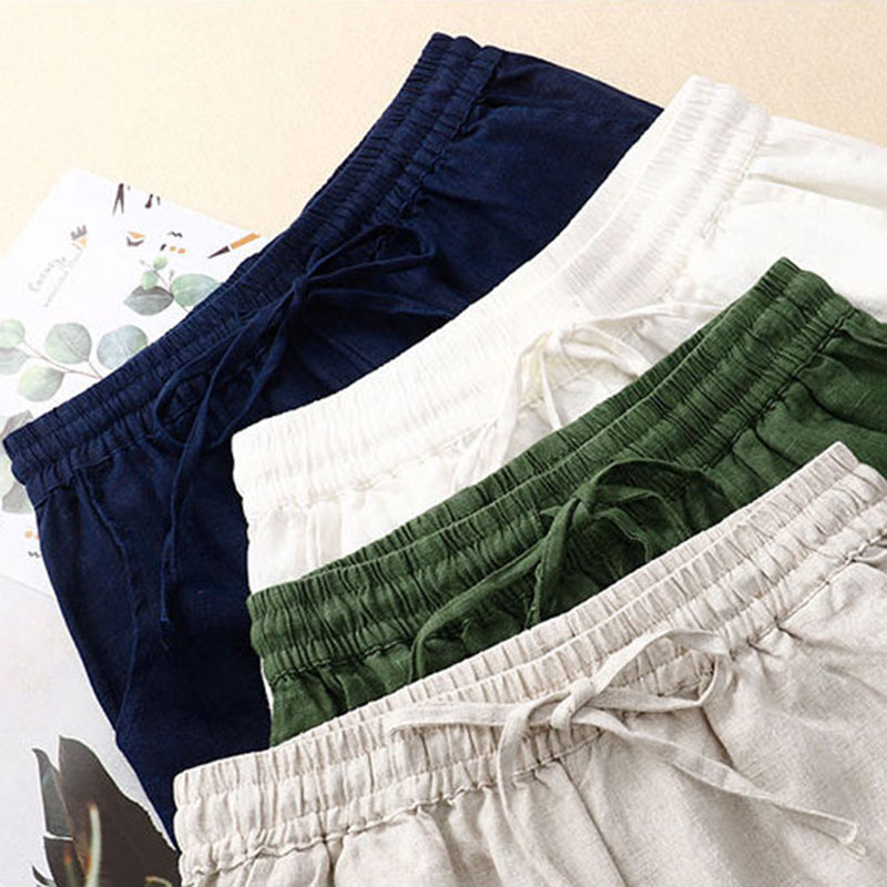 Pantalon en lin de coton pour femme, pantalon à jambes larges, pantalon à longueur de rinçage, vêtements élastiques, monochromatique, mode décontractée