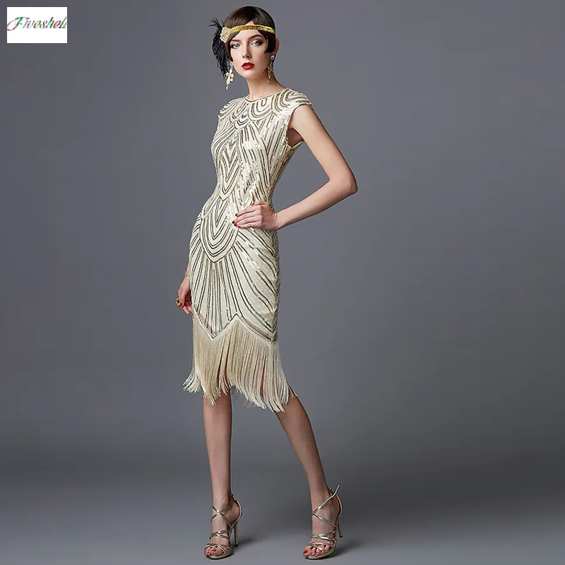 Robe longue Vintage à volants pour femmes, tenue de fête élégante à paillettes, sans manches, à franges, 1920