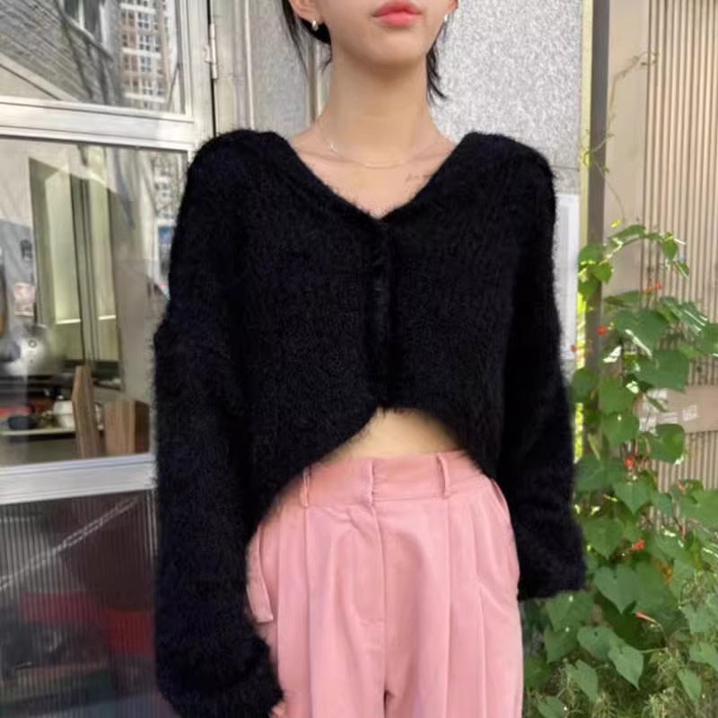 Mode coréenne col marin recadrée pull Cardigan femmes automne Sexy veste courte femme simple boutonnage couleur unie tricots