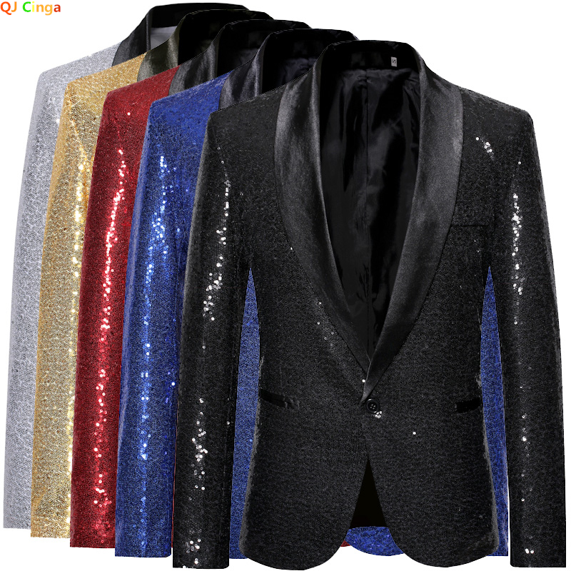 Blazer doré brillant pour homme, orné de paillettes, veste de costume pour soirée, bal de promo, vêtements de scène pour chanteurs