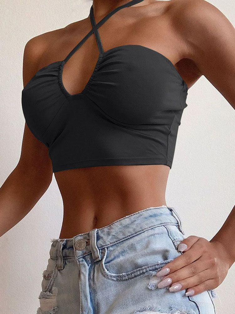 Sexy solide à lacets nœud licou froncé haut court mode sans manches dos nu bustiers femme haut pour femme nouvelles femmes