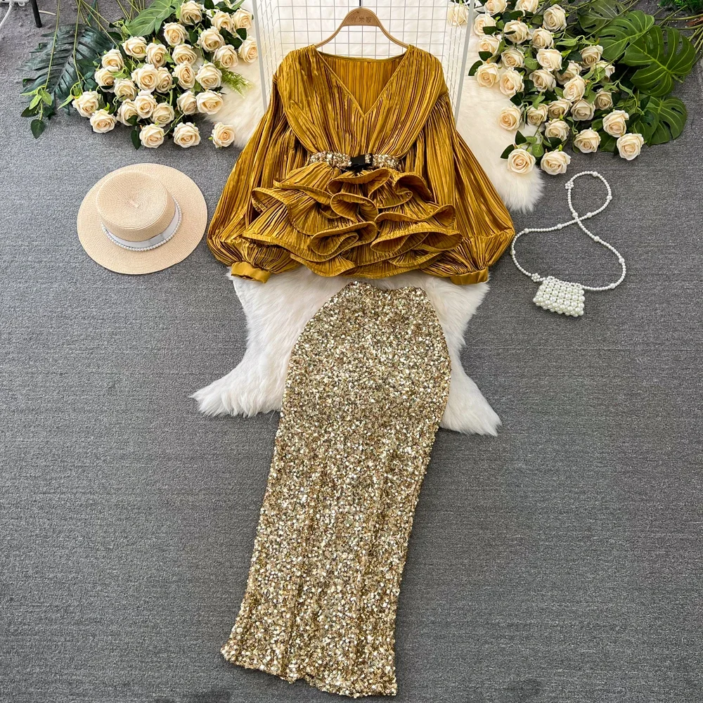 Ensemble 2 pièces pour femmes, manches lanternes, col en v, hauts à volants, taille haute, jupe moulante à paillettes, tenues de tempérament, costume coréen
