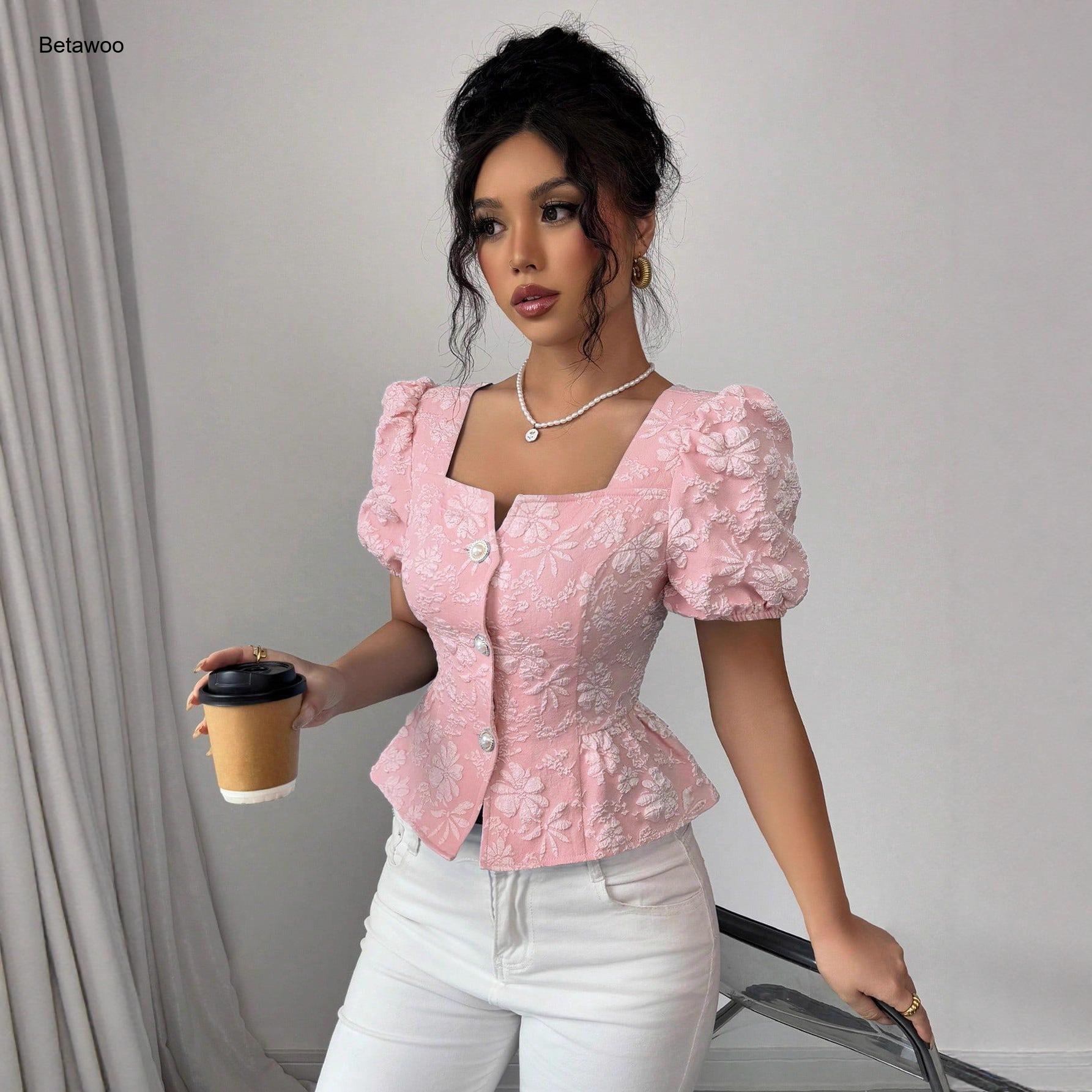 Chemisier rose à col carré, manches bouffantes, peplum, broderie florale, boutonné, pour femme