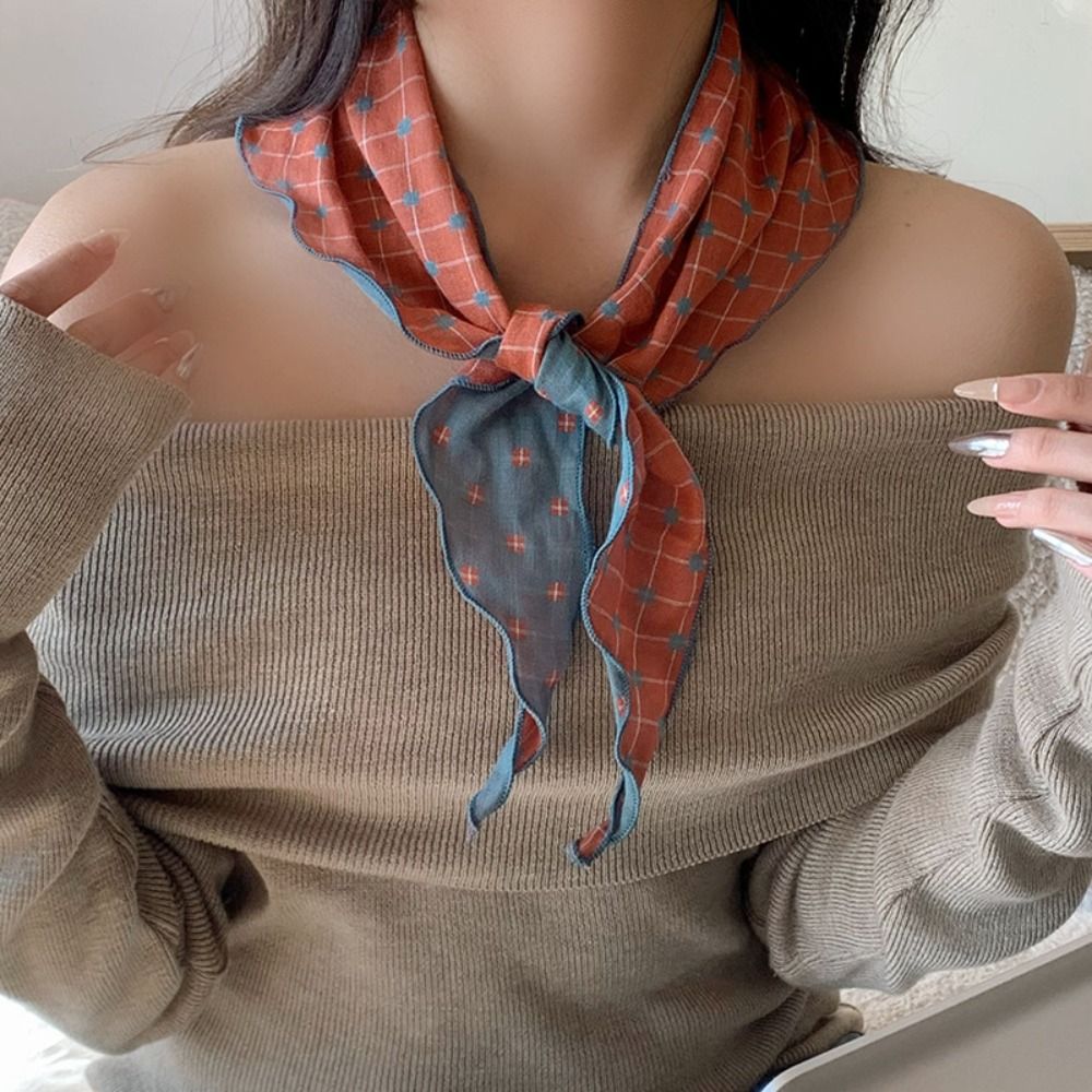 Foulard Turban en Coton Doux à Motif Treillis, Style Champêtre, Bandeau Triangulaire Fin et Coloré pour Filles