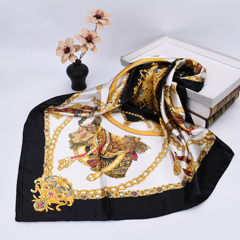 Foulard carré en soie de marque de luxe pour femme, imprimé satiné, hijab, écharpe musulmane, paréo, bandana, châle, bandeau, 90*90cm