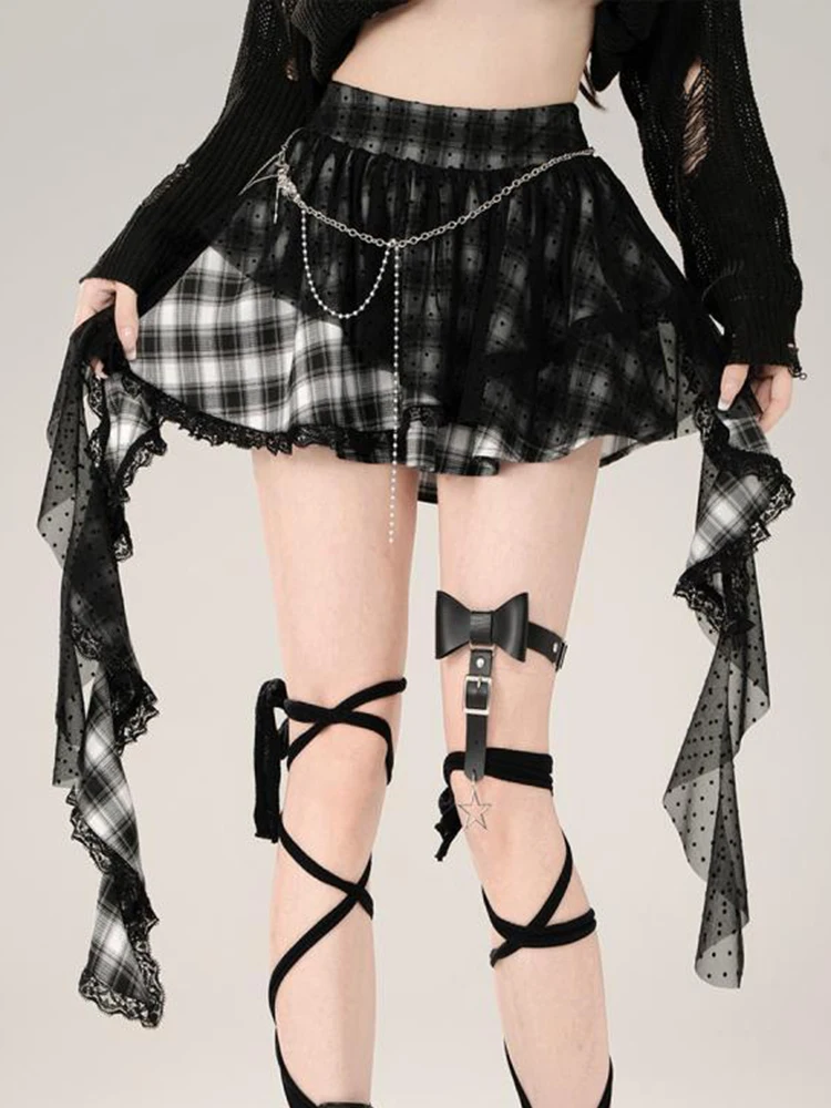Harajuku Y2K jupe à carreaux femmes Vintage Streetwear taille haute gothique Mini jupes rétro dentelle Patchwork Style Punk dame jupe nouveau