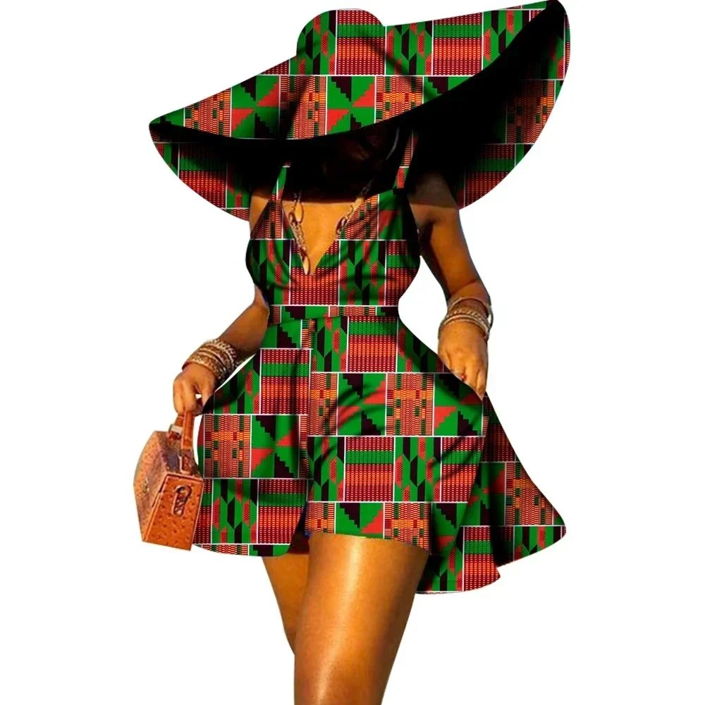 Robe d'été à imprimé africain pour femmes, combinaison sexy, col en v, pantalon court avec chapeau, vêtements africains, tenue de dame, WY8844