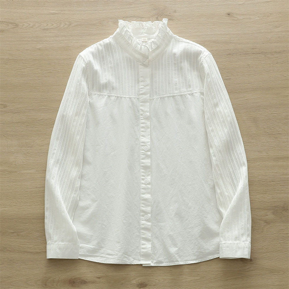 Chemisiers blancs en dentelle et patchwork pour femmes, hauts courts coréens à taille cintrée, chemise élégante à manches longues, nouvelle chemise pour femme