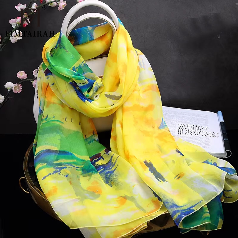 Foulard en soie imprimé jaune pour femme, châle long, doux et élégant, mode printemps automne hiver et été, 100%
