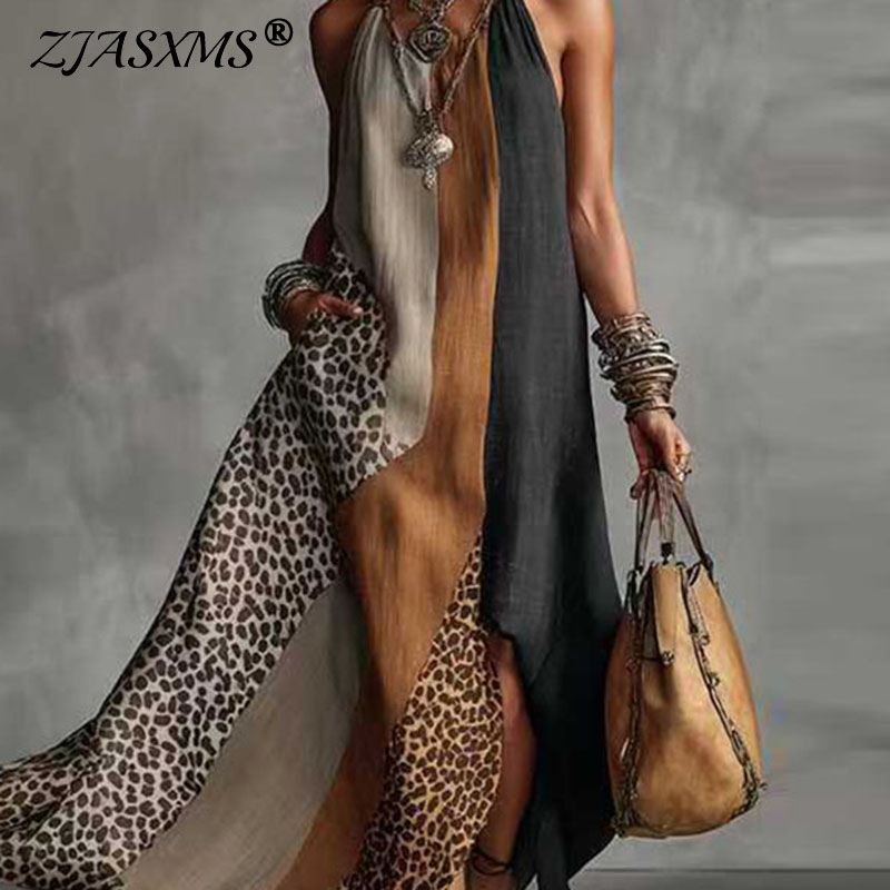Robes de soirée élégantes pour femmes à imprimé animalier patchwork, collection Printemps 2026, robe longue à col halter et ourlet fendu, robe maxi sans manches pour les vacances d'été