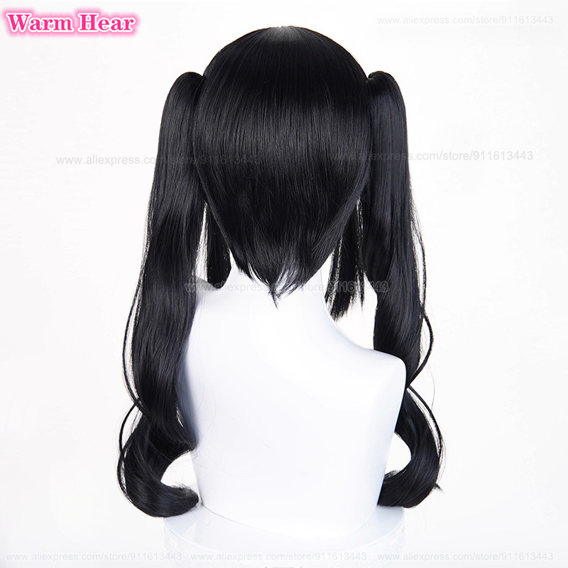 Jeu Kurobe Nanoka longue 50 cm noir Double queue de cheval cheveux bouclés Cosplay perruque résistant à la chaleur cheveux synthétiques Halloween fête perruques
