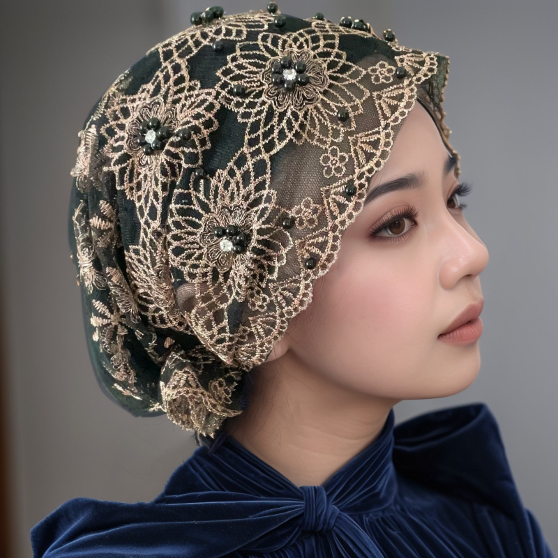 Femmes élégant foulard chapeau brodé perlé Double couche dentelle chapeaux sous-écharpe Bonnet bonnets perte de cheveux couverture musulman Hijab casquette