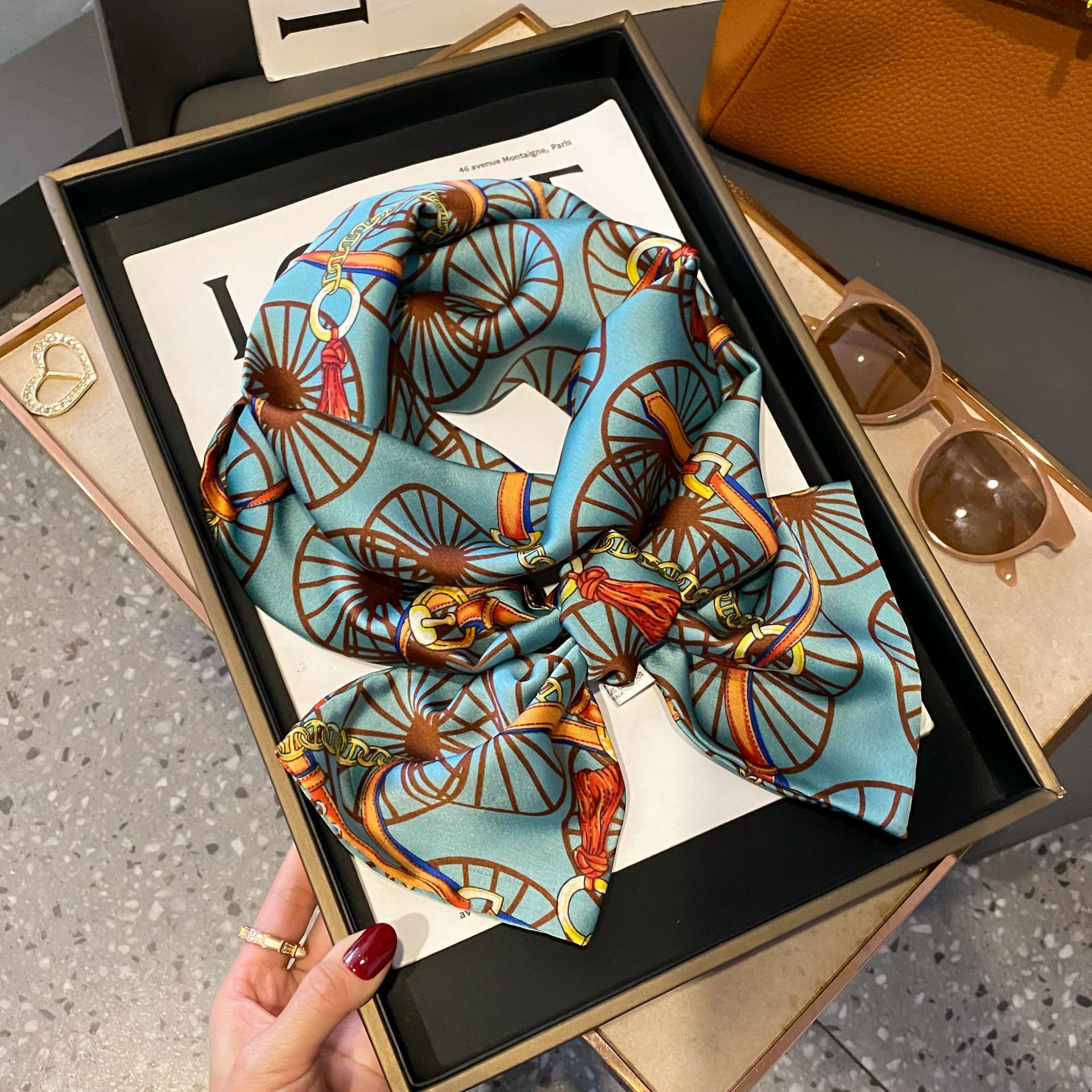 Foulard Long en soie pour femmes, Design de luxe, bandeau en Satin doux, Foulard pour cheveux, cravate au cou, foulards slim pour dames