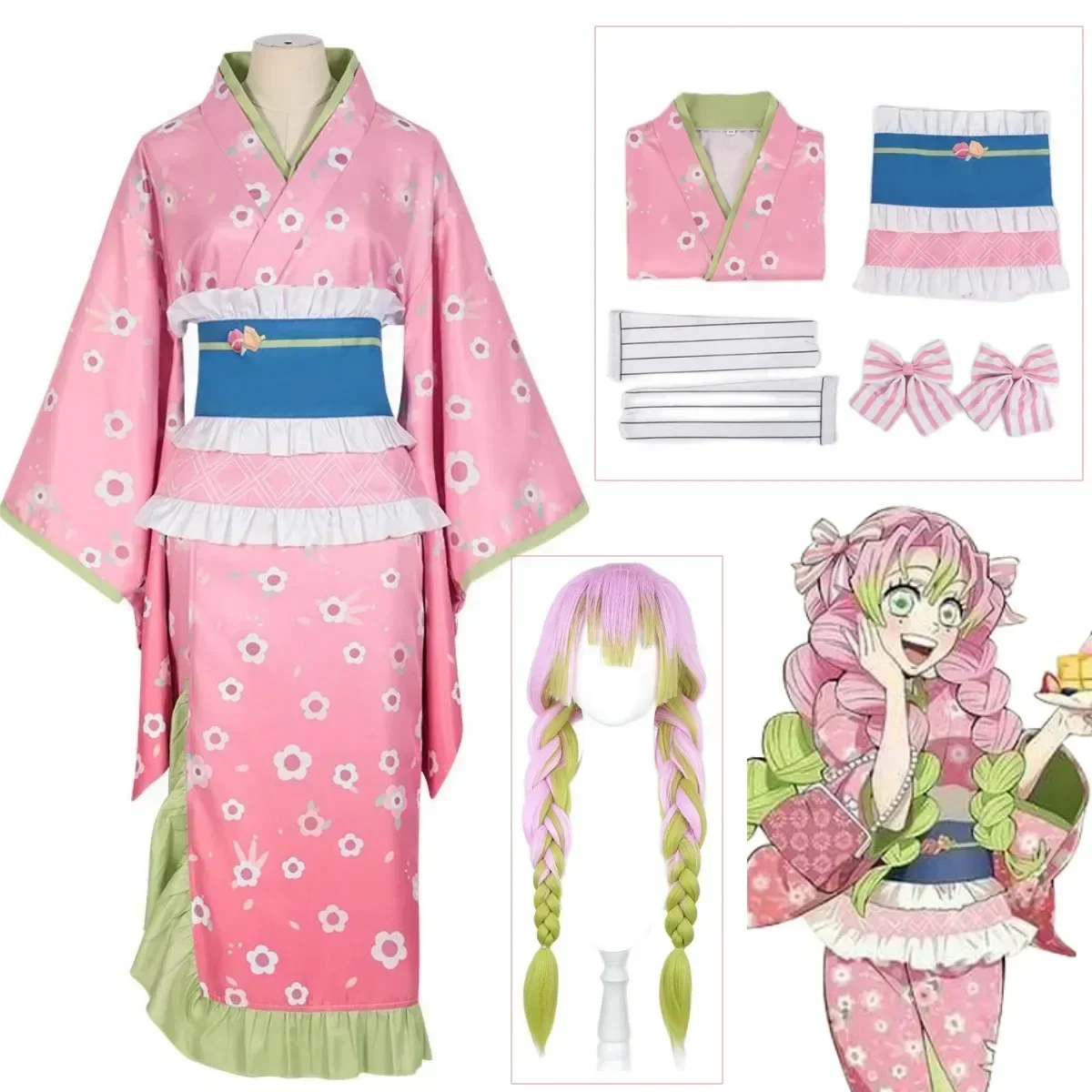 Oké Roji Mitsuri Cosplay Costume pour femme, robe kimono rose, tenues d'Halloween, déguisement de fête de carnaval, nouvelle mode