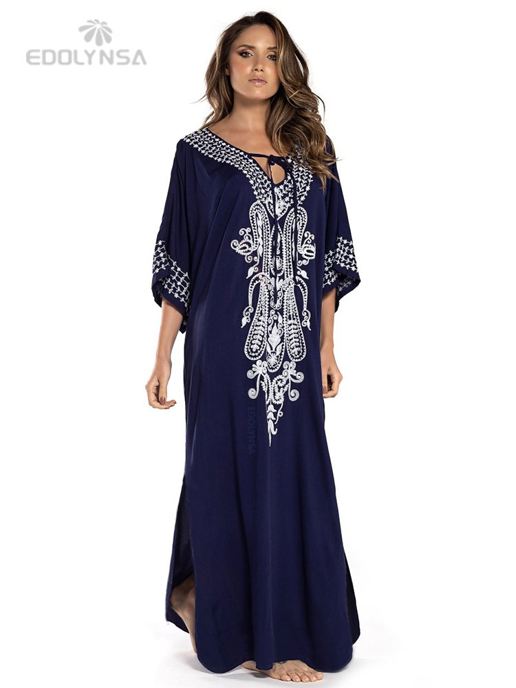 Robe d'été brodée Indie Folk 2026 à manches courtes, tunique en coton, caftan de plage, tenue de plage pour femme, paréo de maillot de bain, robe de plage