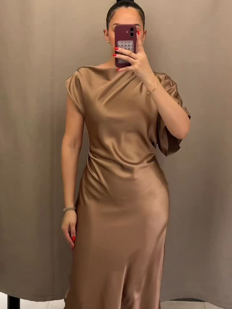 Robe midi asymétrique en satin de soie texturé polyvalente pour femme HH, robe d'été élégante et sexy pour femme, robe longue jusqu'aux chevilles Mujer