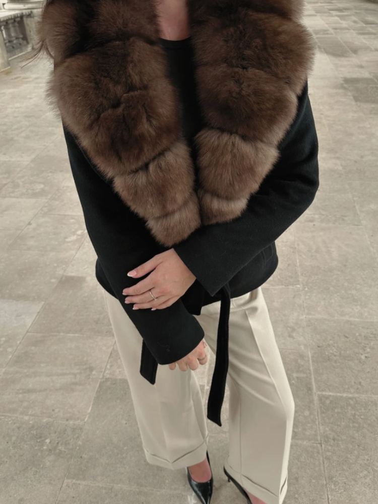 Manteau en laine à lacets en fausse fourrure pour femme, élégant, col châle, ceinture, taille, manches longues, mode automne hiver, vêtements d'extérieur pour dames