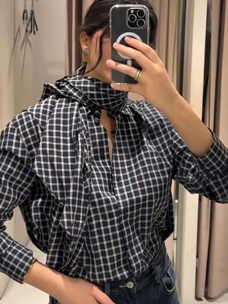Chemisier Élégant Décontracté à Carreaux pour Femme HH Spring, Col Rabattu, Manches Longues, Boutons, avec Foulard, Haut Chic pour Bureau