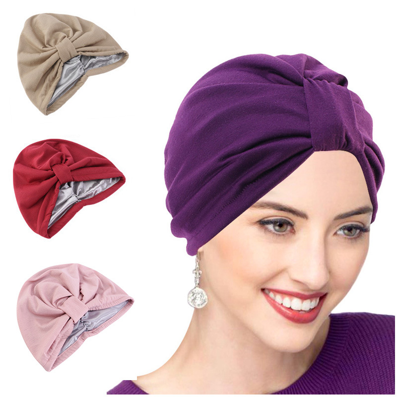 Bonnet turban noué avec doublure en satin pour femme, écharpe de sauna élastique, bonnet pour femme, enveloppes de tête, perte de cheveux, bonnet chimio, document solide