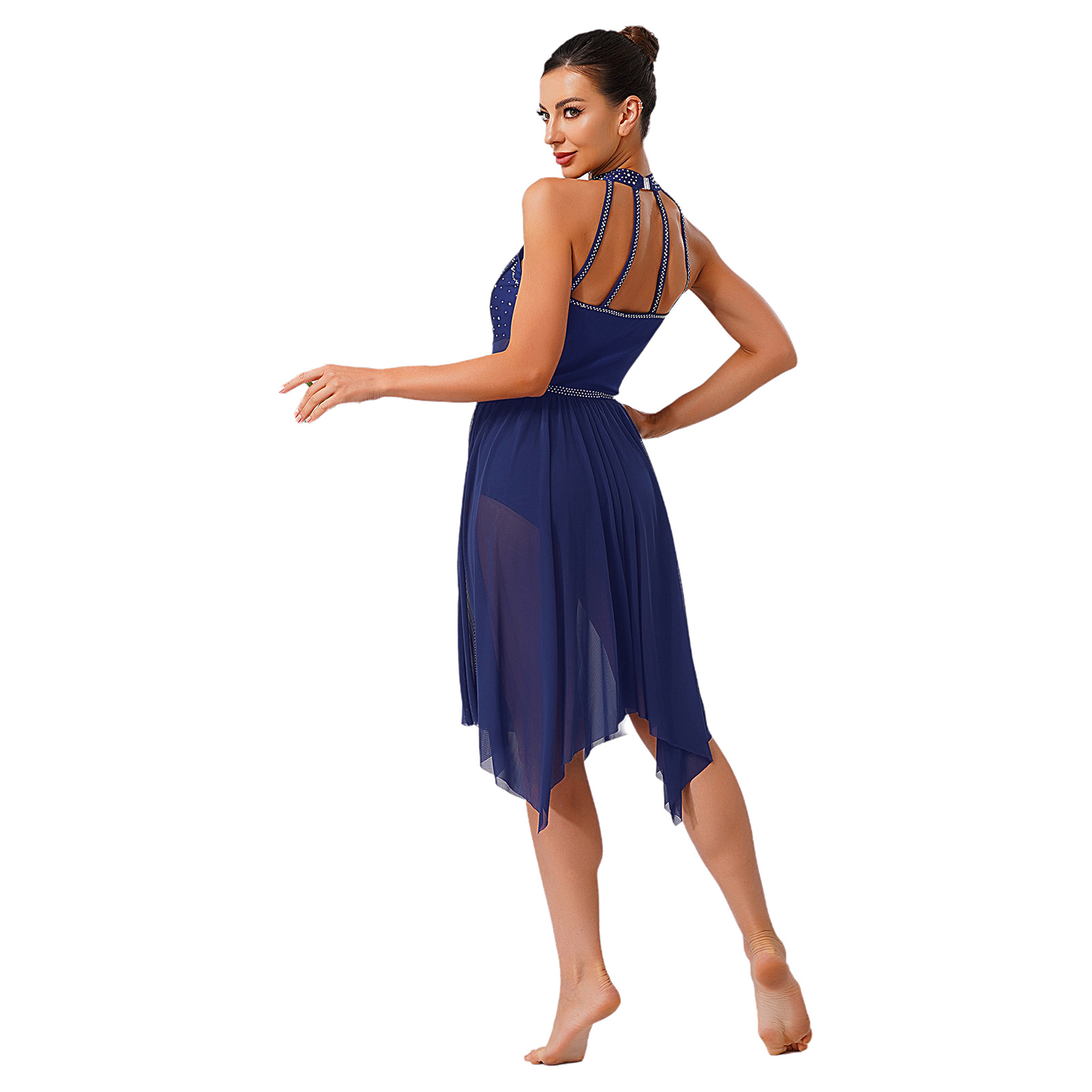 Robe de danse lyrique pour femmes, col licou, strass scintillants, Patchwork, maille irrégulière, ourlet à volants, pour compétition de cours de danse