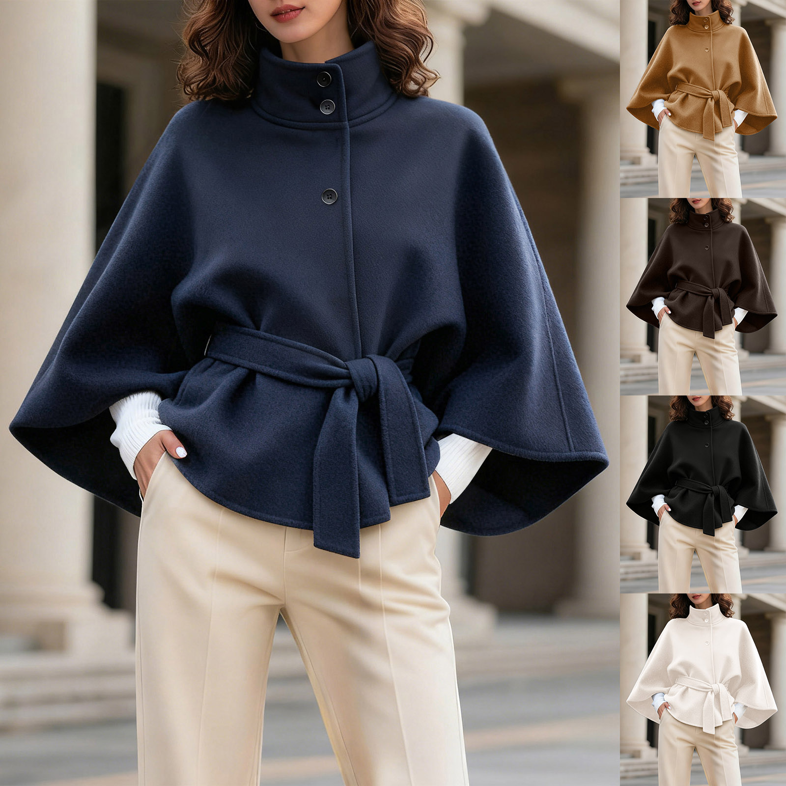 Vestes d'affaires pour femmes, à la mode, couleur unie, Cape, col montant, boutons, ceinture en laine, coupe-vent pour dames élégantes
