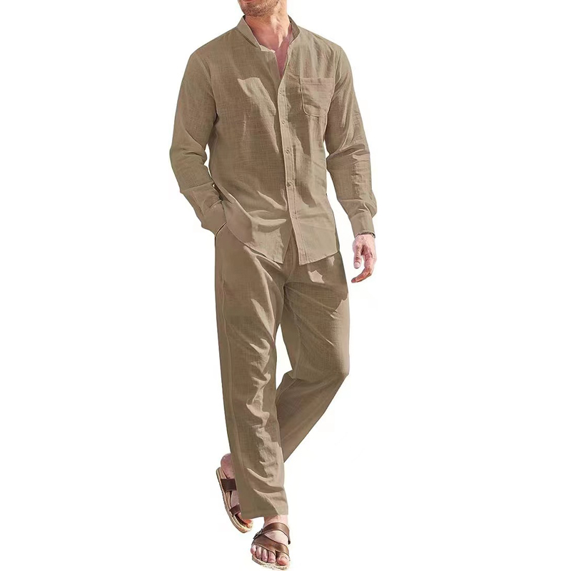 Chemise à manches longues à col en V pour hommes, lin trempé, respirant, solide, document, décontracté, sport, mode, ensemble deux pièces, tenues pour hommes, fj2