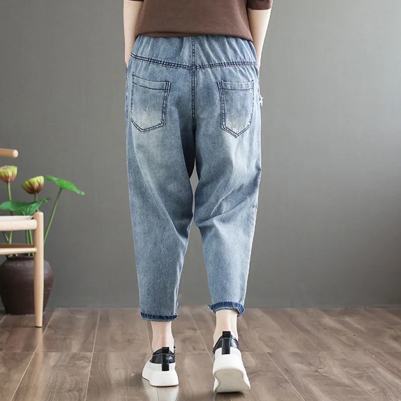 Pantalon Harem en Jean Brodé Femme Printemps Automne 2026 Délavé Coupe Ample Taille Élastique Rétro Décontracté Jean Neuf Poches Femme